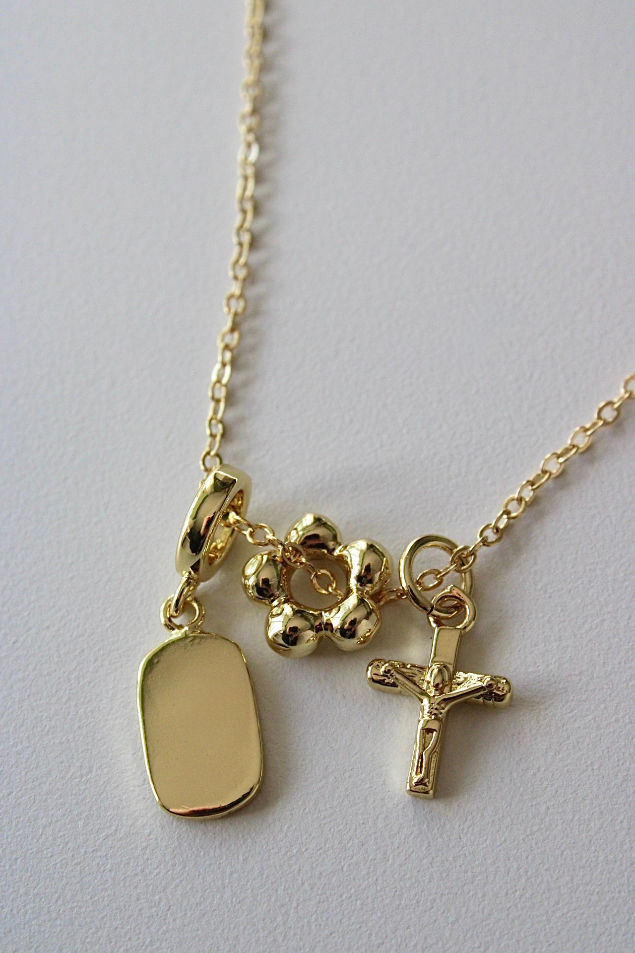 Engraved Crucifix Triple Charm Necklace