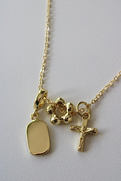 Engraved Crucifix Triple Charm Necklace