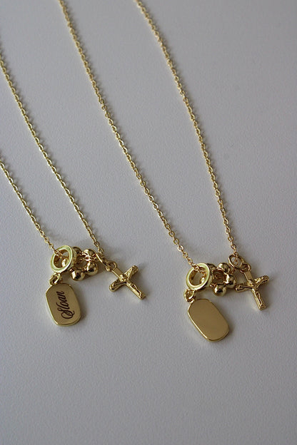 Engraved Crucifix Triple Charm Necklace