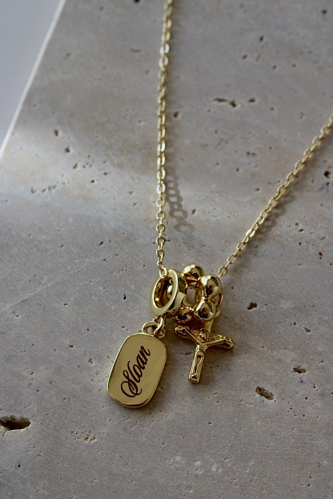 Engraved Crucifix Triple Charm Necklace