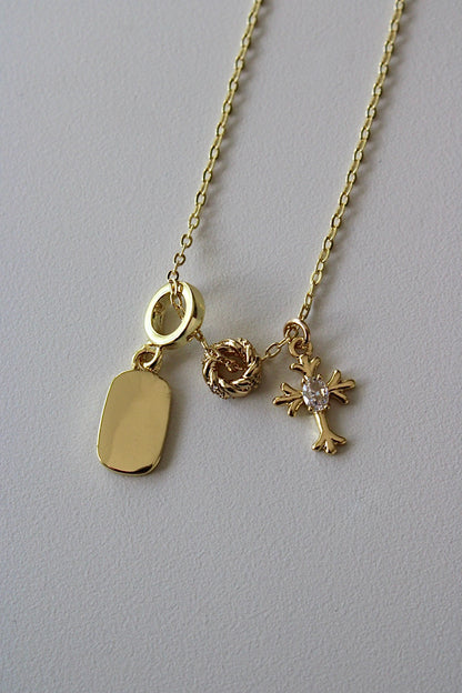 Engraved Cubic Cross Triple Charm Necklace