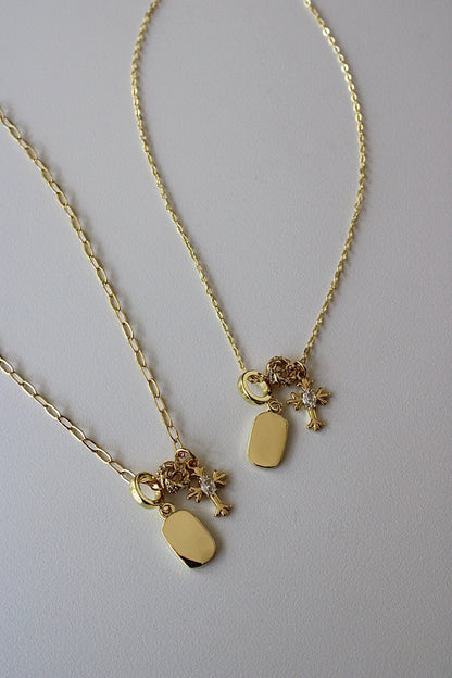 Engraved Cubic Cross Triple Charm Necklace