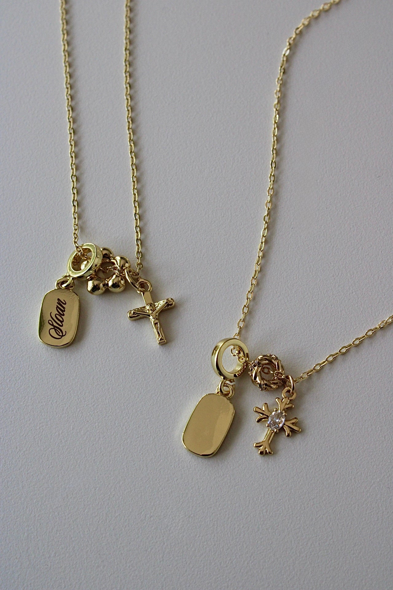 Engraved Crucifix Triple Charm Necklace