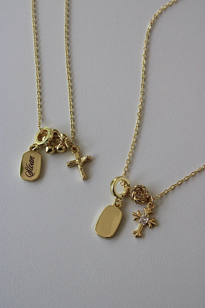 Engraved Crucifix Triple Charm Necklace