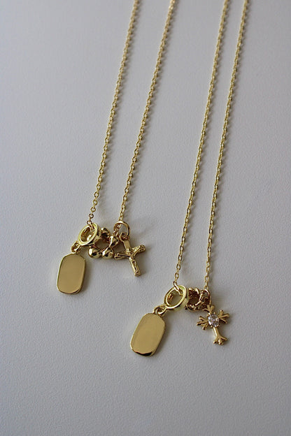 Engraved Cubic Cross Triple Charm Necklace