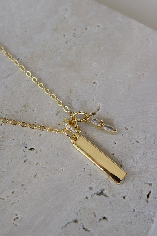 Engraved Skinny Bar Triple Charm Necklace